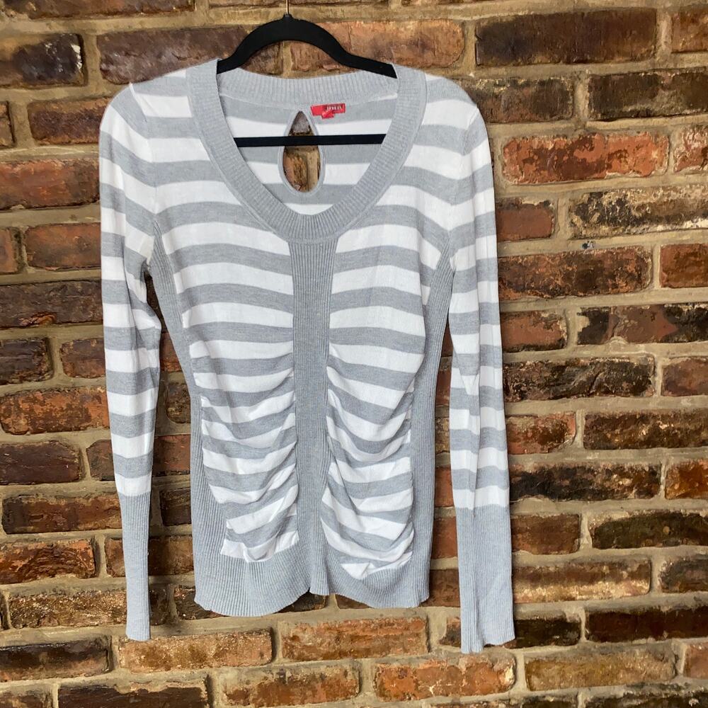 BONGO Gray & White Striped Ruched Keyhole Long Sleeve Sweater Women's Size XL